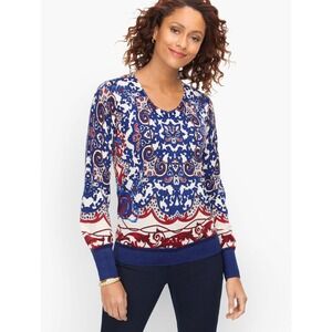 Talbots Soft Merino Wool V-Neck Sweater Medallion Print Size 2XP Tapestry Unique